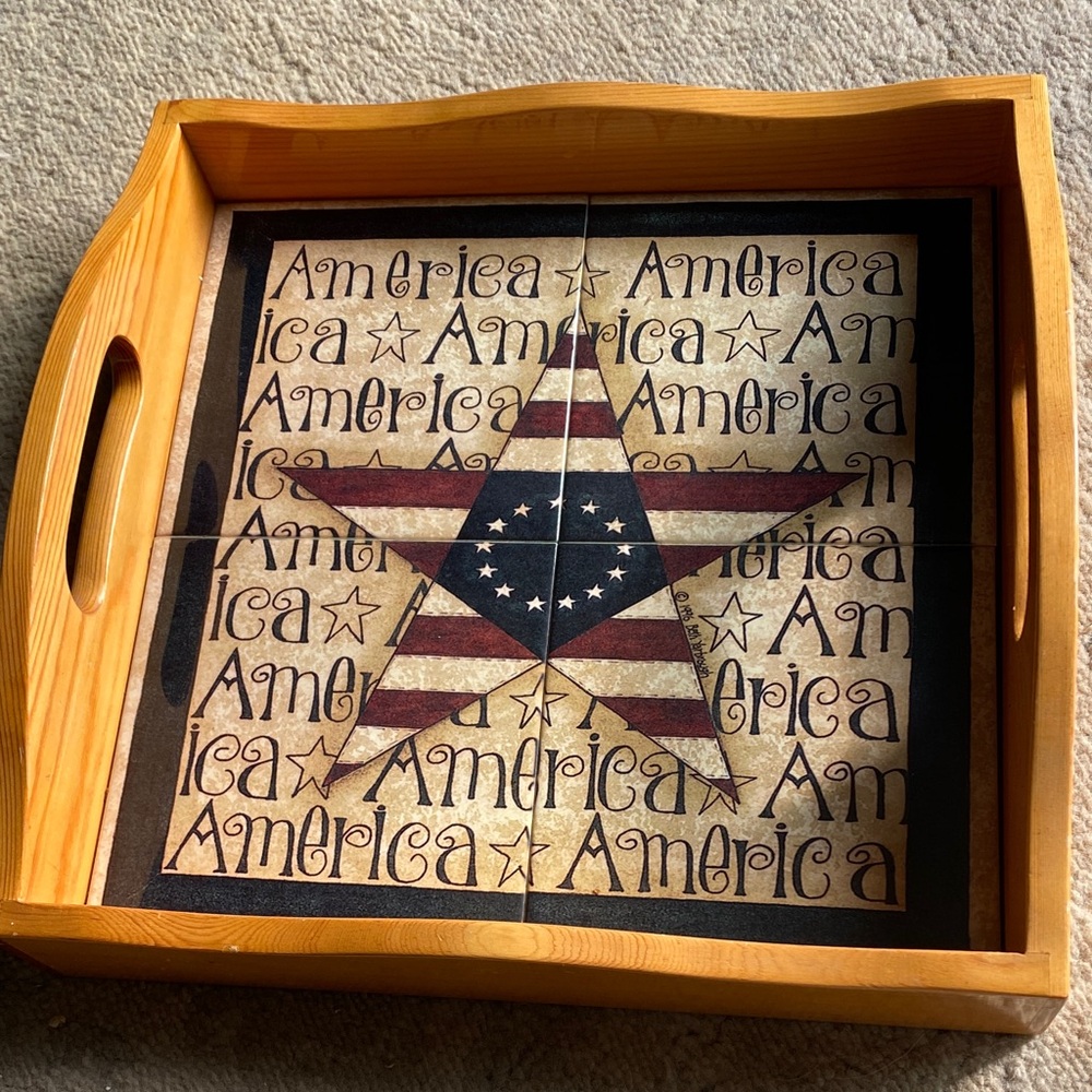 America flag tray server wood and tile, tile is 12” each so 24” wide